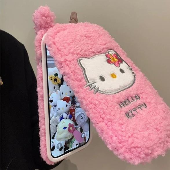 Furry Embroidery Hello Kitty Mirror Flip iPhone Case