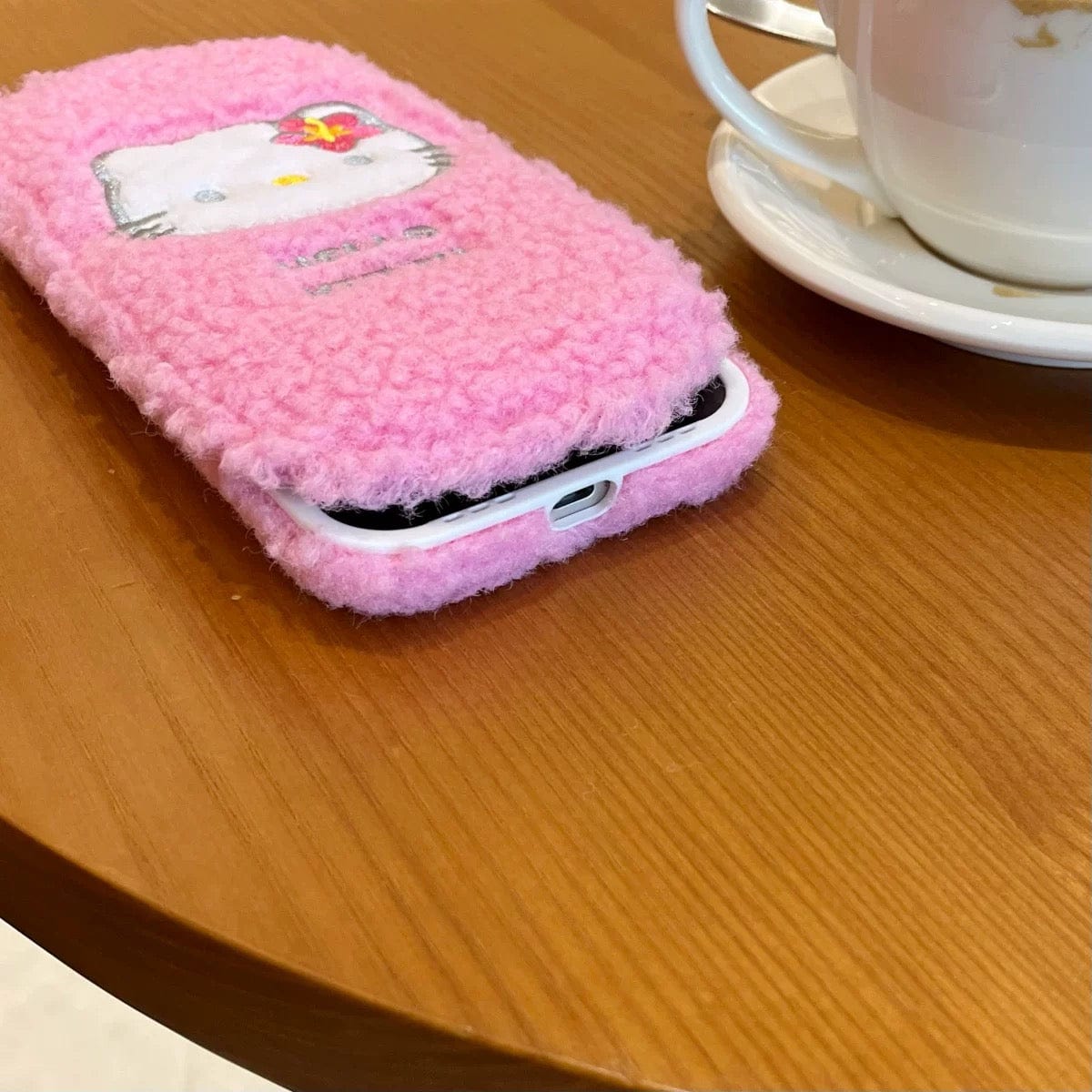 Furry Embroidery Hello Kitty Mirror Flip iPhone Case