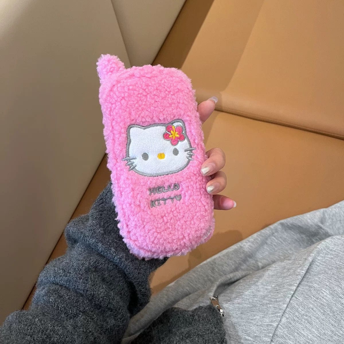 Furry Embroidery Hello Kitty Mirror Flip iPhone Case