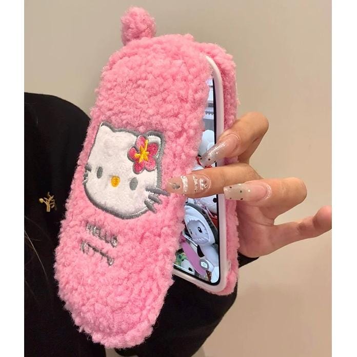 Furry Embroidery Hello Kitty Mirror Flip iPhone Case