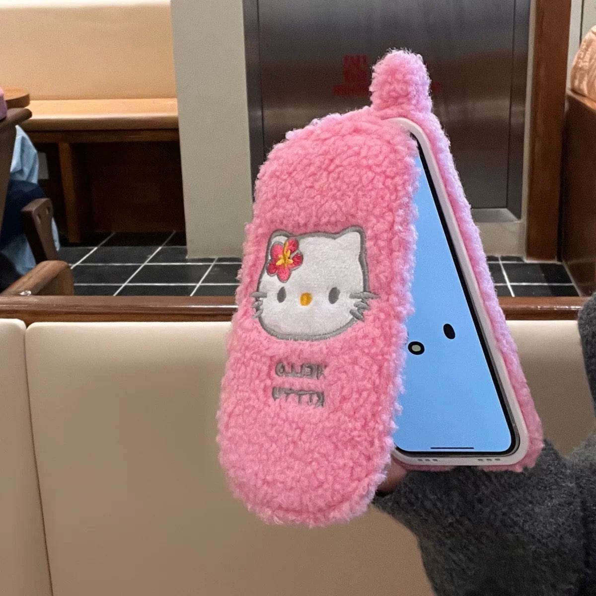 Furry Embroidery Hello Kitty Mirror Flip iPhone Case