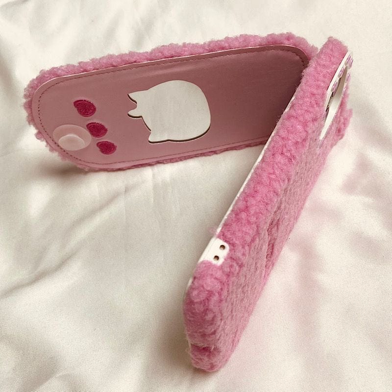 Furry Embroidery Hello Kitty Mirror Flip iPhone Case