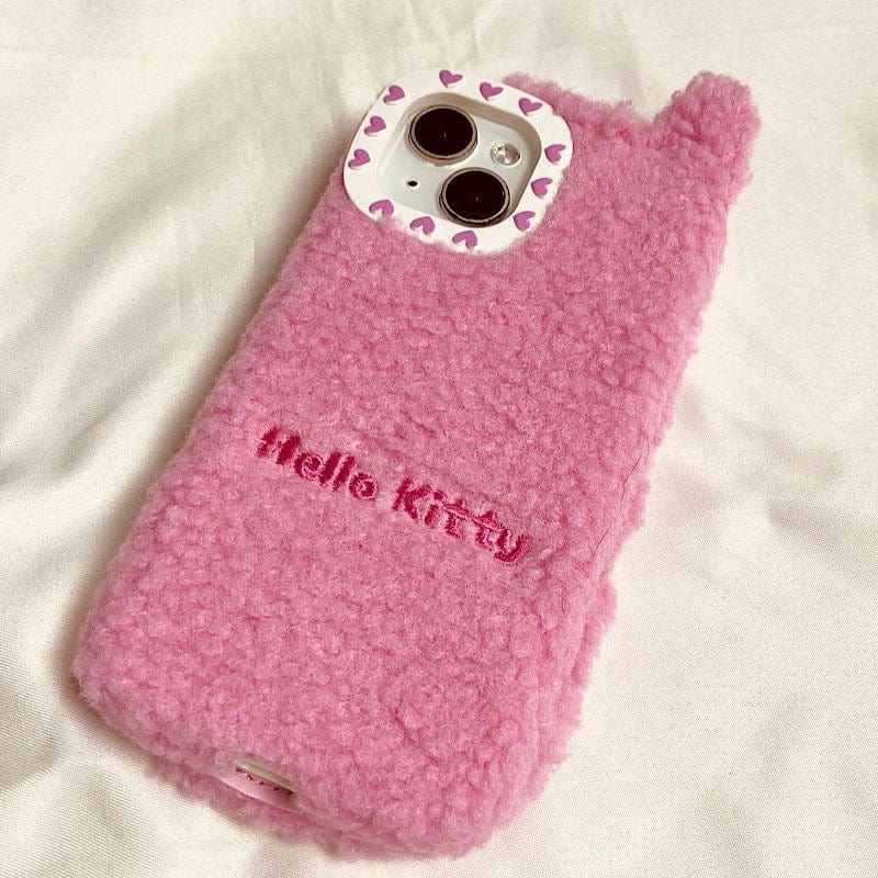 Furry Embroidery Hello Kitty Mirror Flip iPhone Case