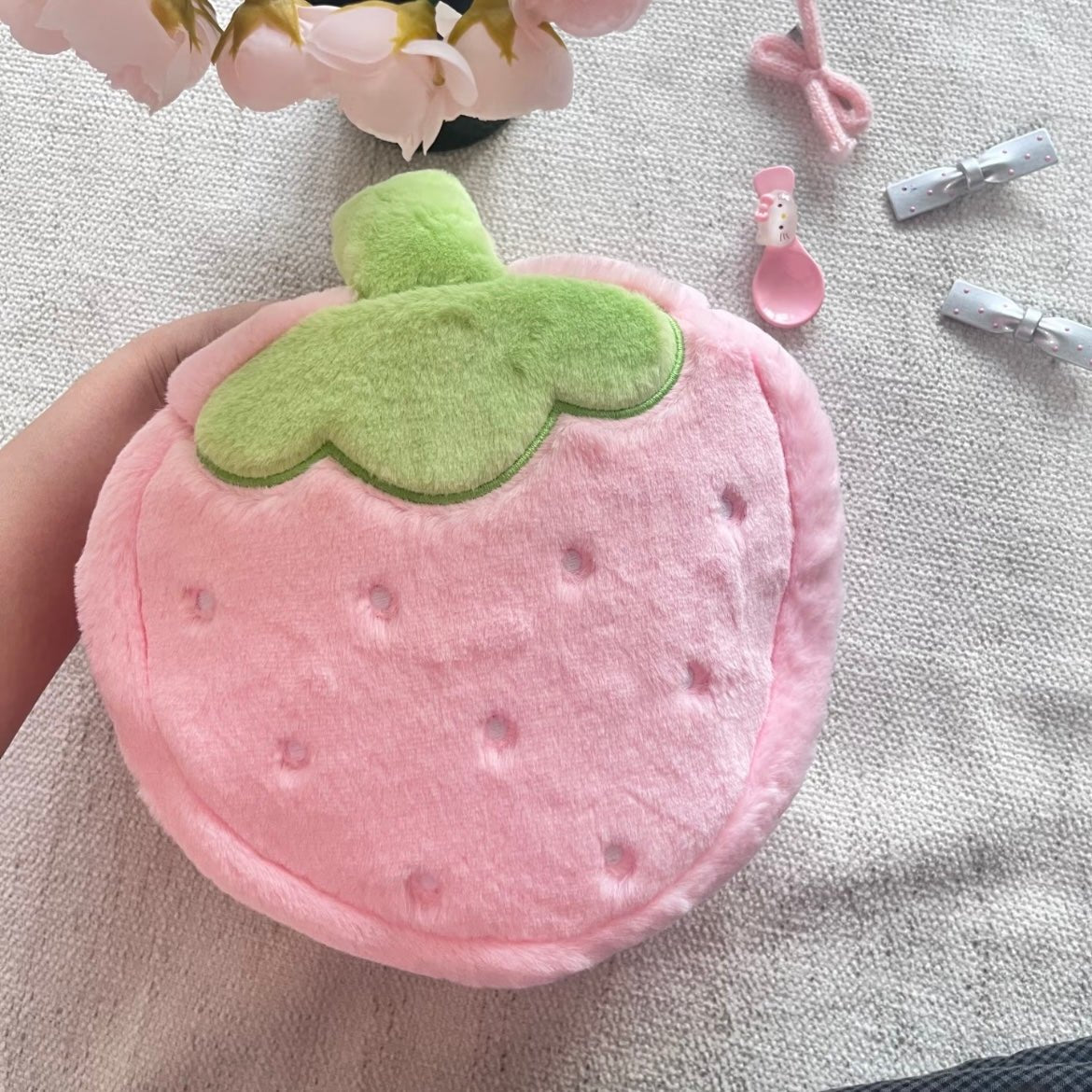 Furry Strawberry Makeup Bag Portable Travel Large Capacity Storage Bag - ArtGalleryZen