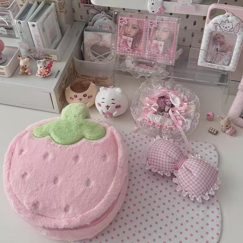 Furry Strawberry Makeup Bag Portable Travel Large Capacity Storage Bag - ArtGalleryZen