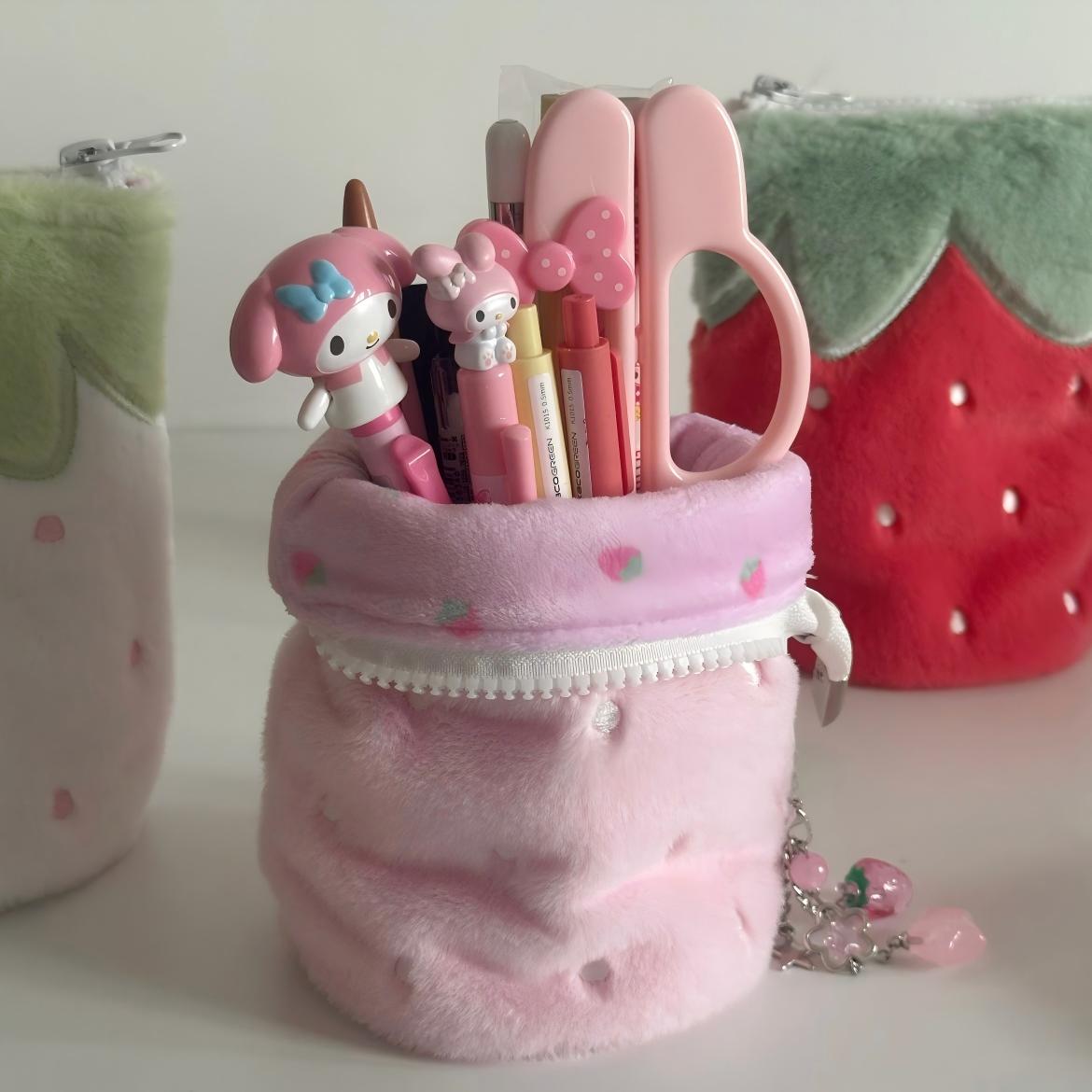 Furry Strawberry Pencil Case Storage Bag - ArtGalleryZen