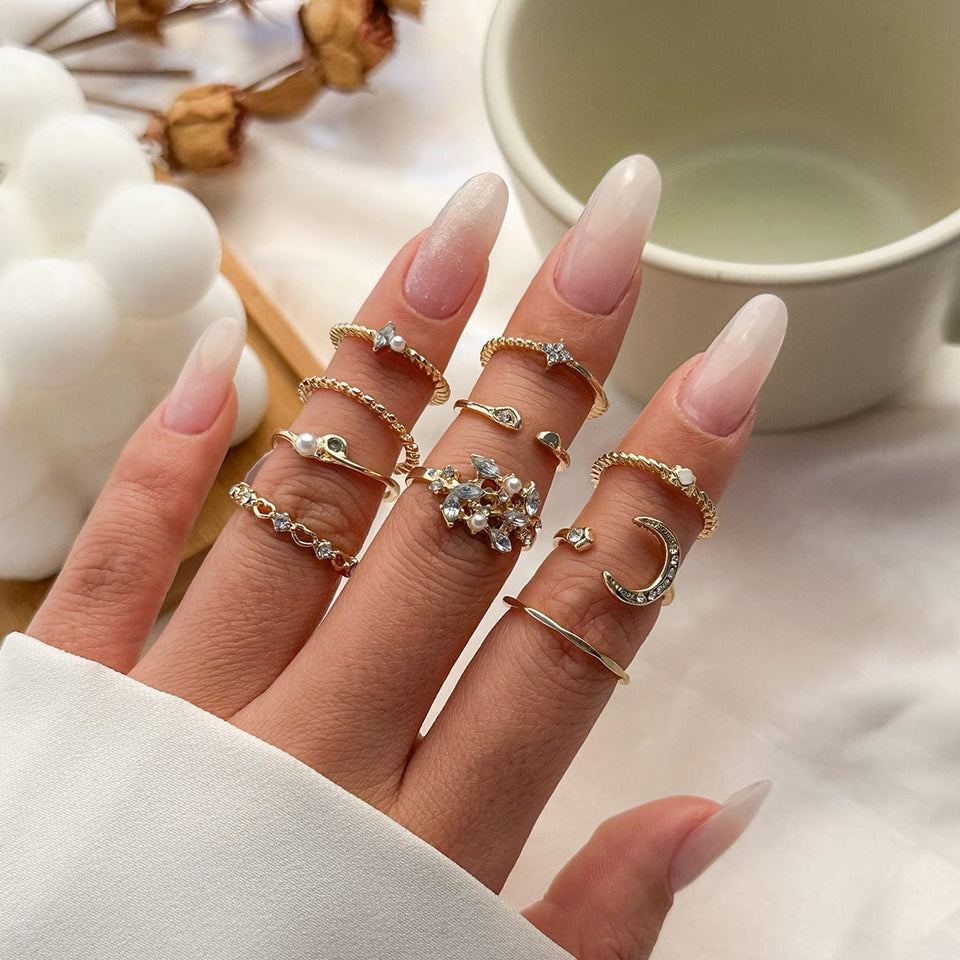 Geometric 10 Pieces CZ Pearl Inlaid Rings Set