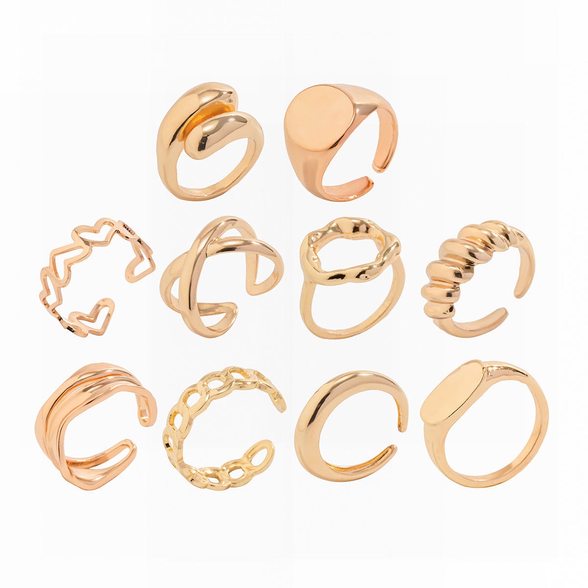 Geometric 10pcs Gold Plated Hollow Heart Waterdrop Round Disk Open Ring Set - ArtGalleryZen