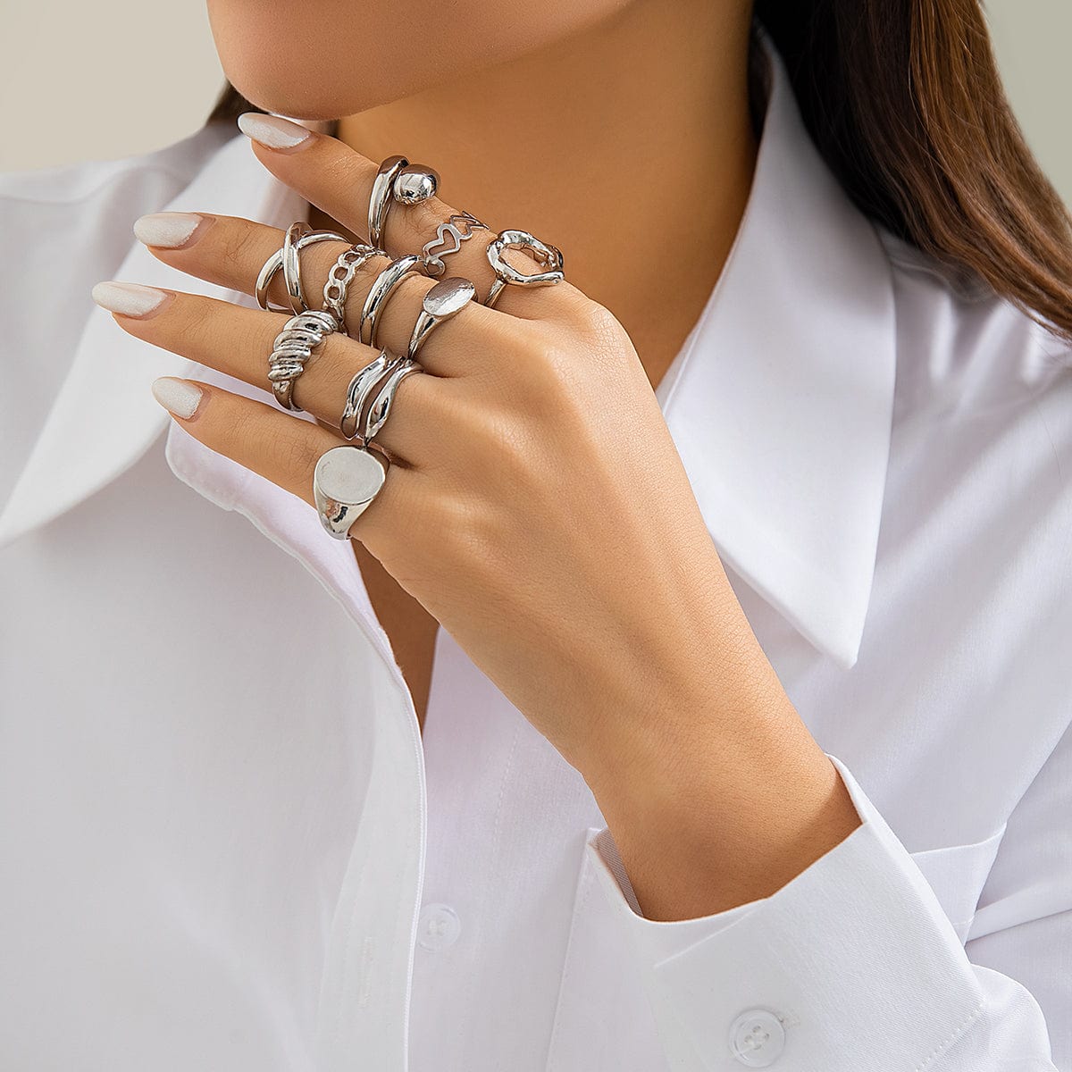 Geometric 10pcs Gold Plated Hollow Heart Waterdrop Round Disk Open Ring Set - ArtGalleryZen