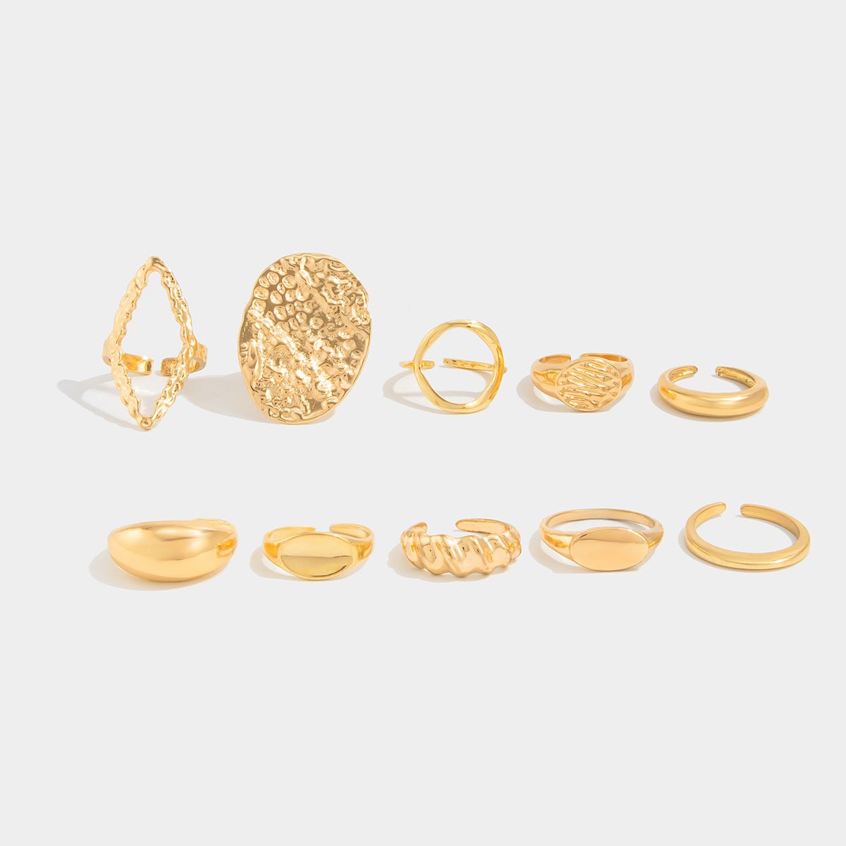 Geometric 10pcs Textured Oval Disk Glossy Hollow Ring Set - ArtGalleryZen