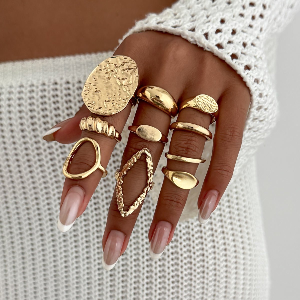 Geometric 10pcs Textured Oval Disk Glossy Hollow Ring Set - ArtGalleryZen