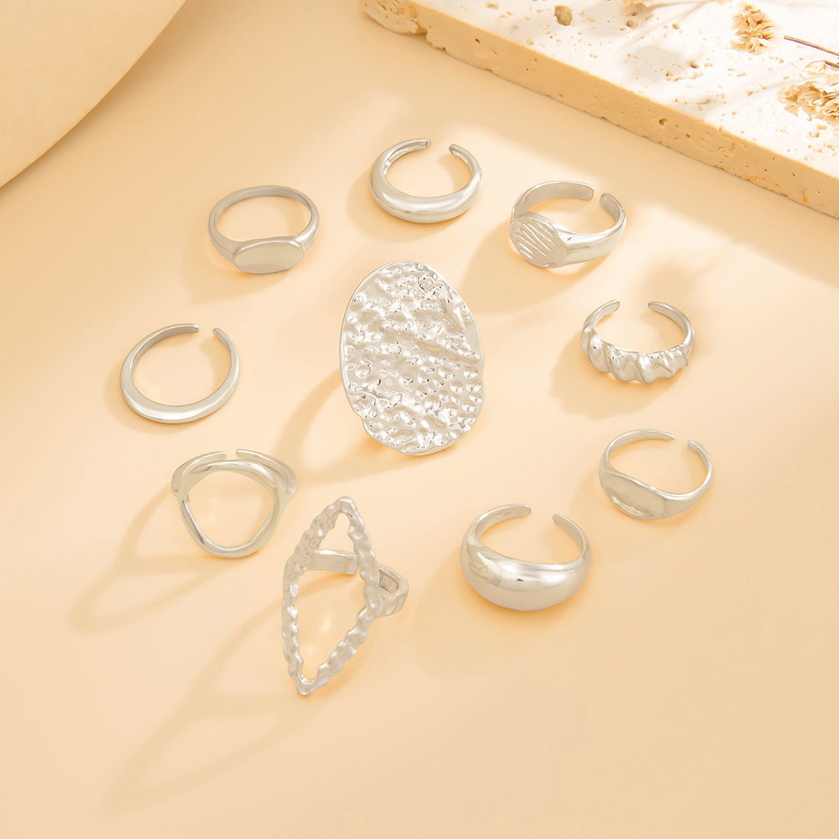 Geometric 10pcs Textured Oval Disk Glossy Hollow Ring Set - ArtGalleryZen