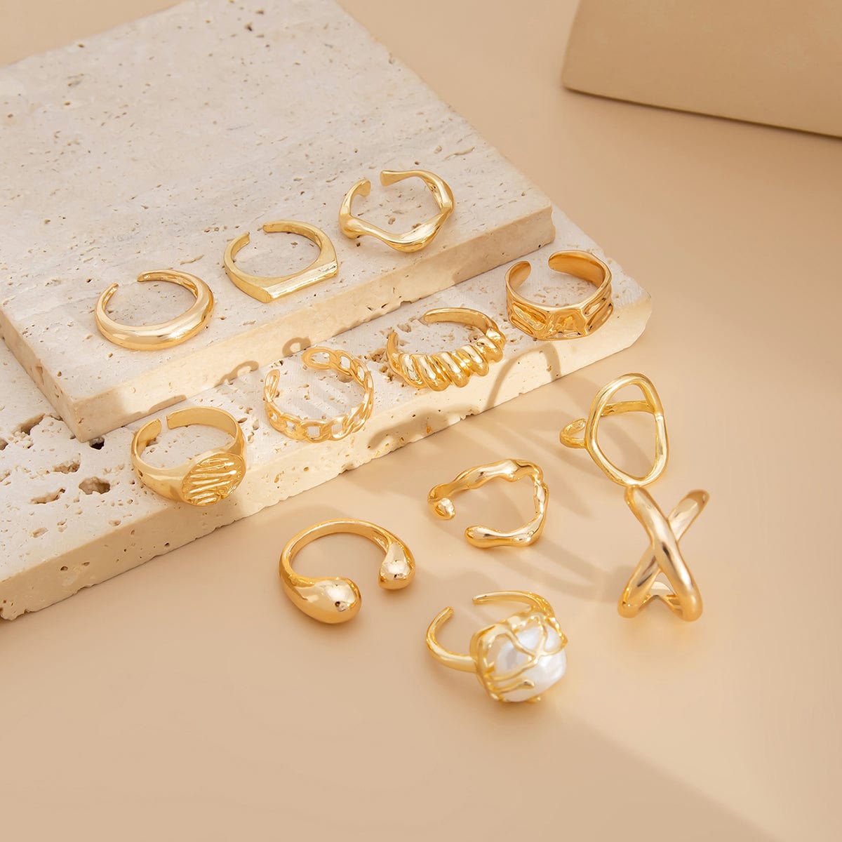 Geometric 12pcs Gold Silver Tone Hollow Twisted Open Ring Set - ArtGalleryZen