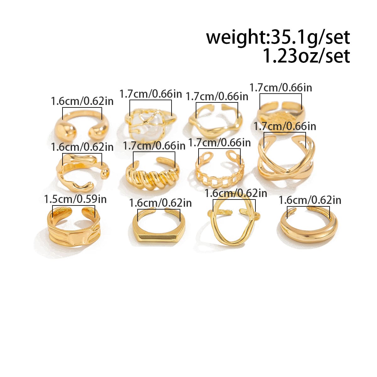 Geometric 12pcs Gold Silver Tone Hollow Twisted Open Ring Set - ArtGalleryZen