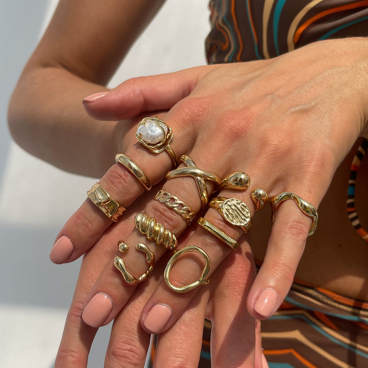 Geometric 12pcs Gold Silver Tone Hollow Twisted Open Ring Set - ArtGalleryZen