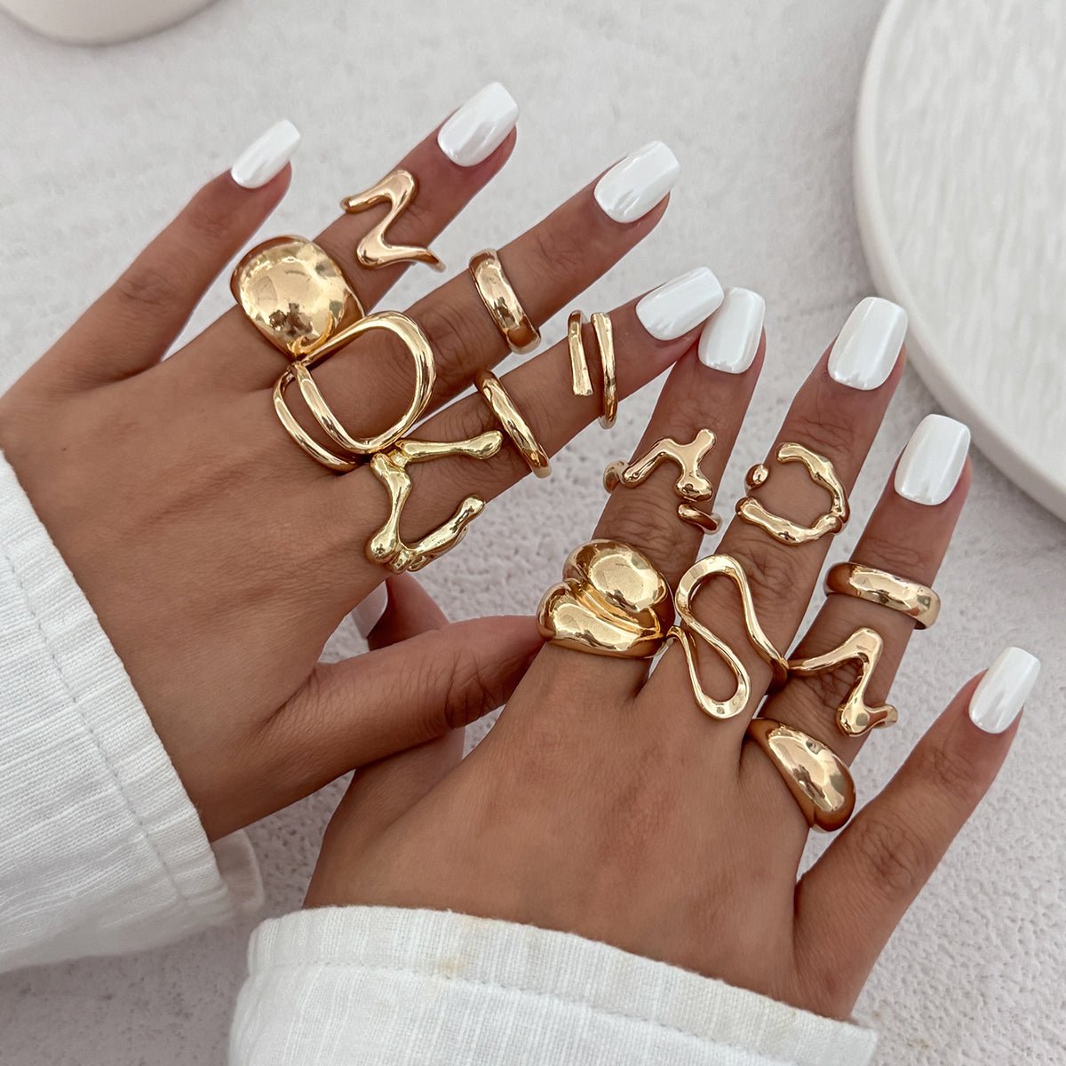 Geometric 14pcs Chunky Irregular Curved Waterdrop Ring Set - ArtGalleryZen