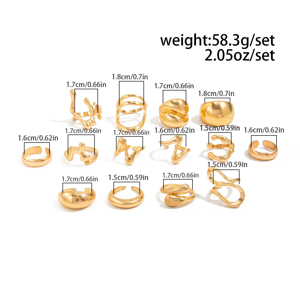 Geometric 14pcs Chunky Irregular Curved Waterdrop Ring Set - ArtGalleryZen