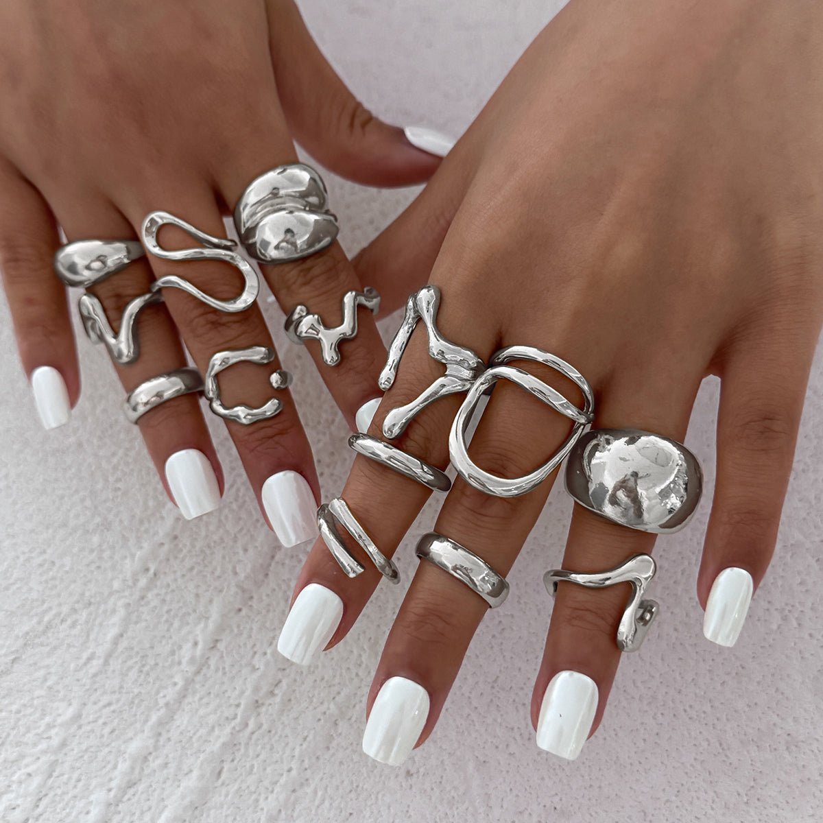 Geometric 14pcs Chunky Irregular Curved Waterdrop Ring Set - ArtGalleryZen