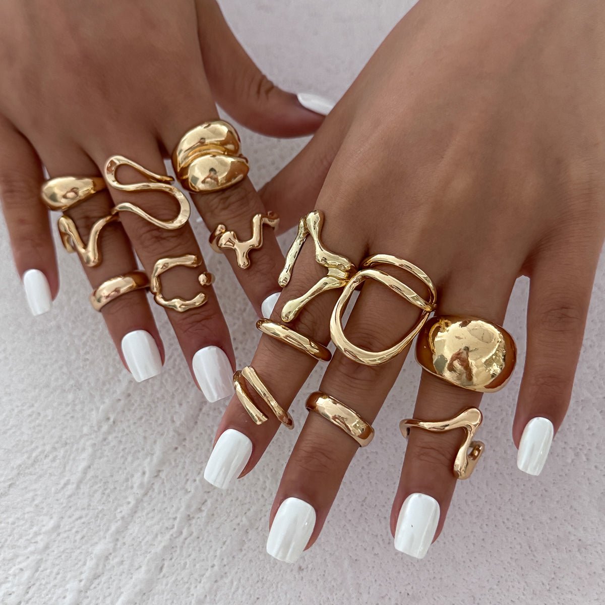 Geometric 14pcs Chunky Irregular Curved Waterdrop Ring Set - ArtGalleryZen