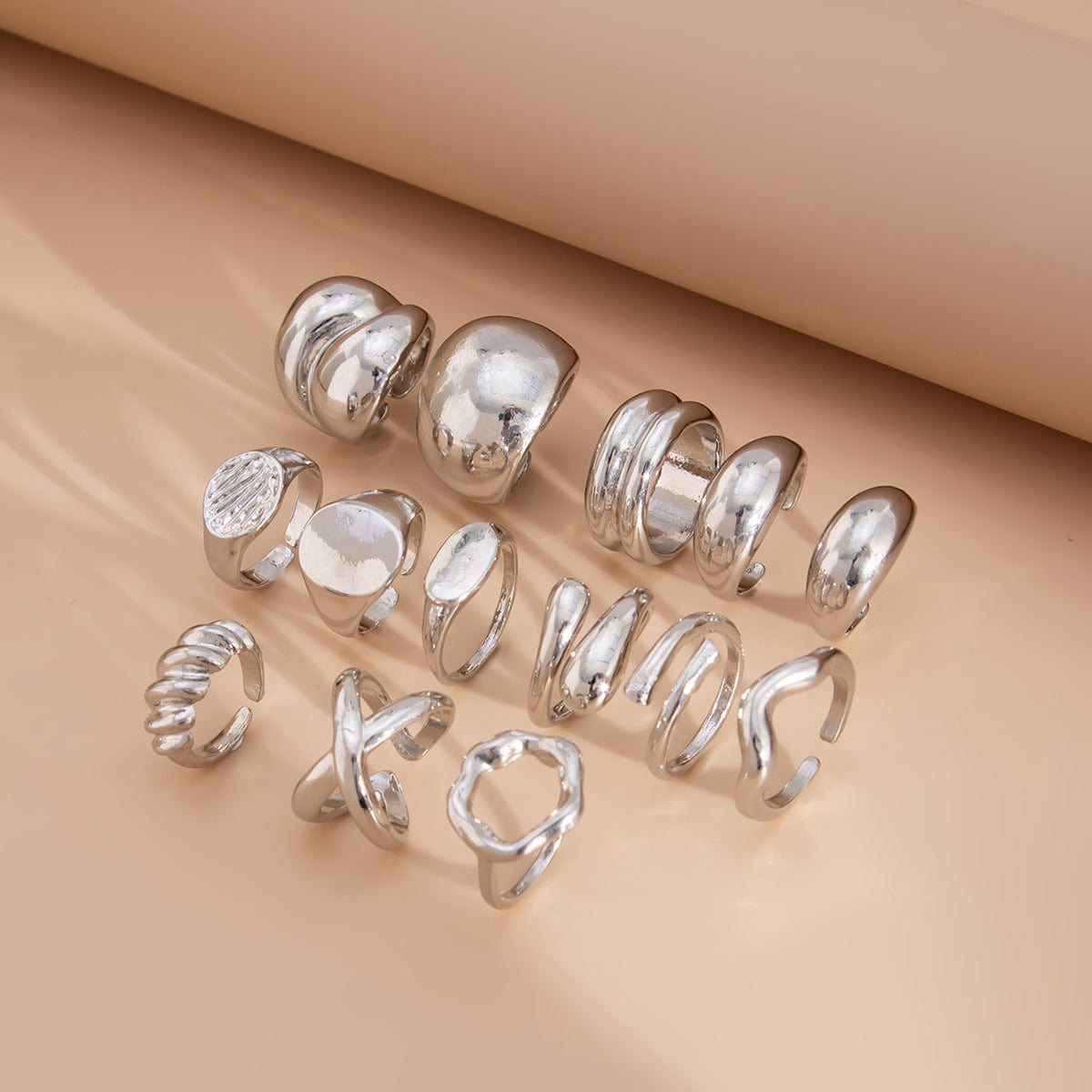 Geometric 14pcs Gold Silver Plated Glossy Hollow Cross Ring Set - ArtGalleryZen