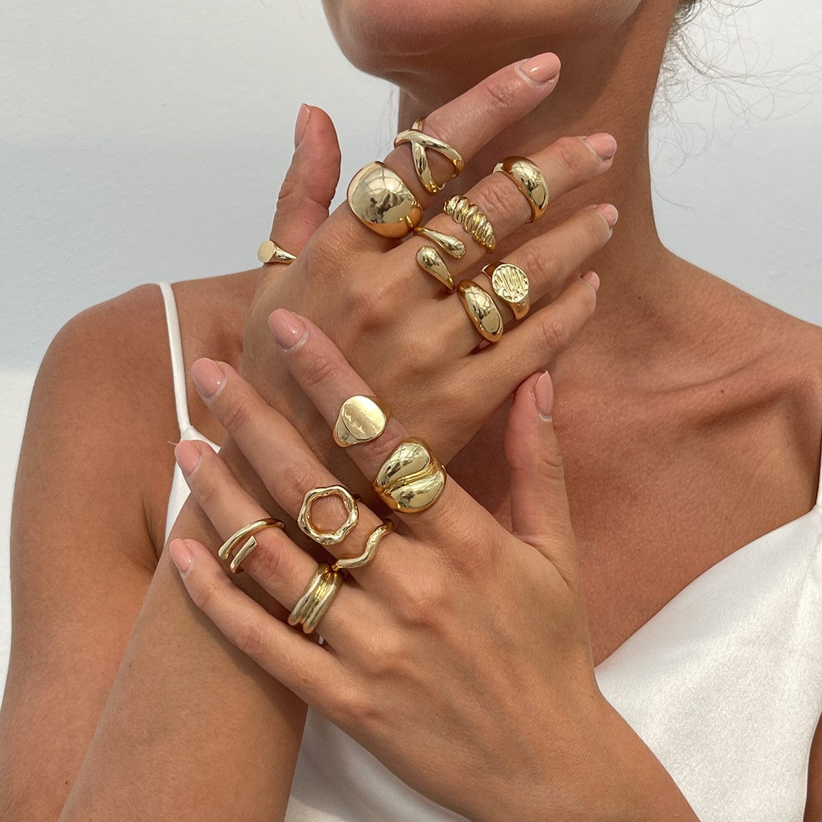 Geometric 14pcs Gold Silver Plated Glossy Hollow Cross Ring Set - ArtGalleryZen