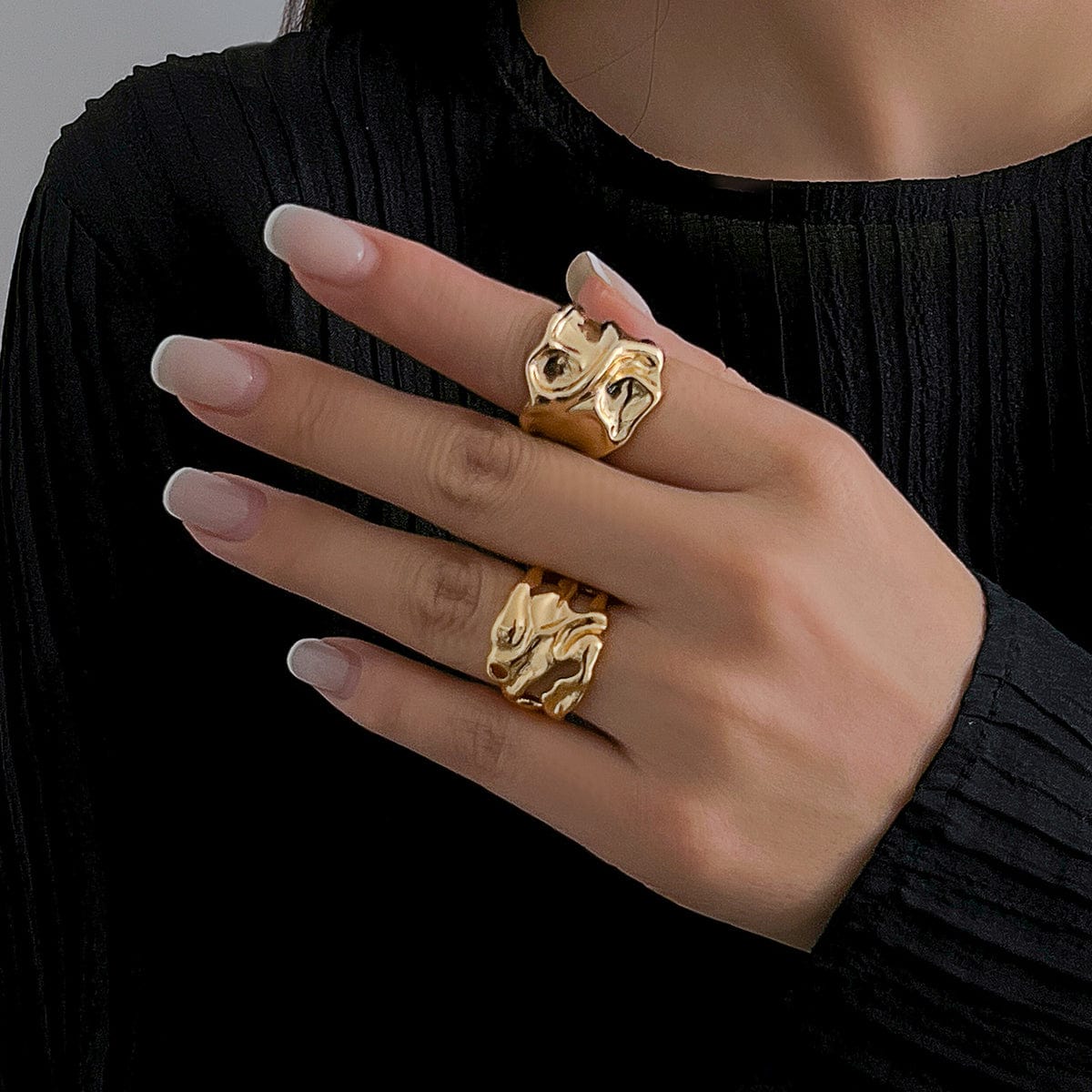 Geometric 2pcs Irregular Hammered Wide Open Ring Set