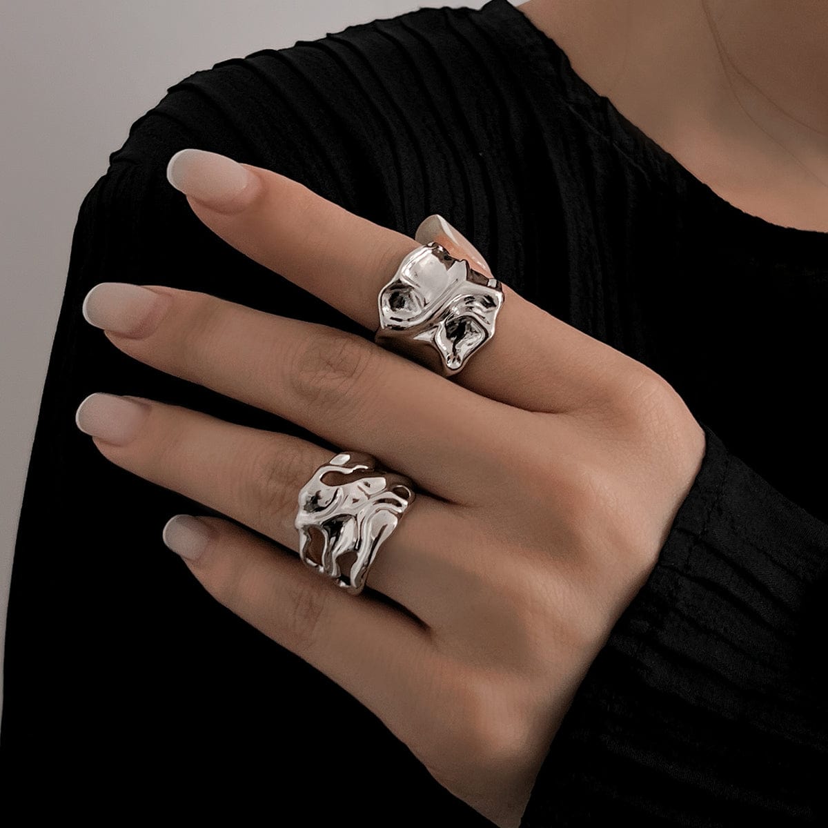 Geometric 2pcs Irregular Hammered Wide Open Ring Set