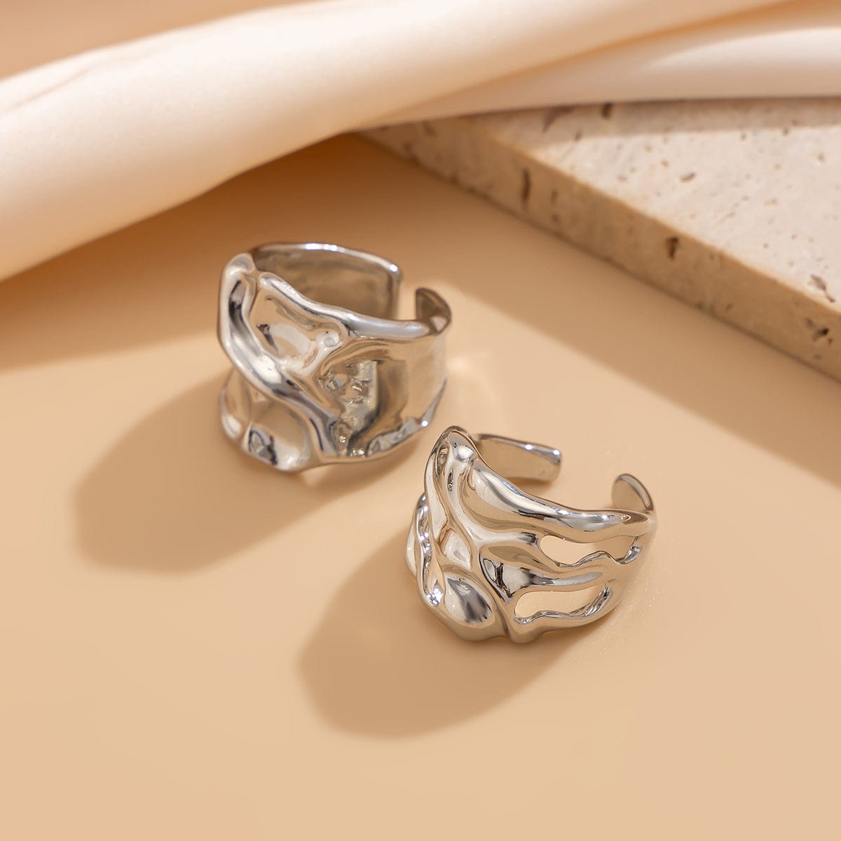 Geometric 2pcs Irregular Hammered Wide Open Ring Set