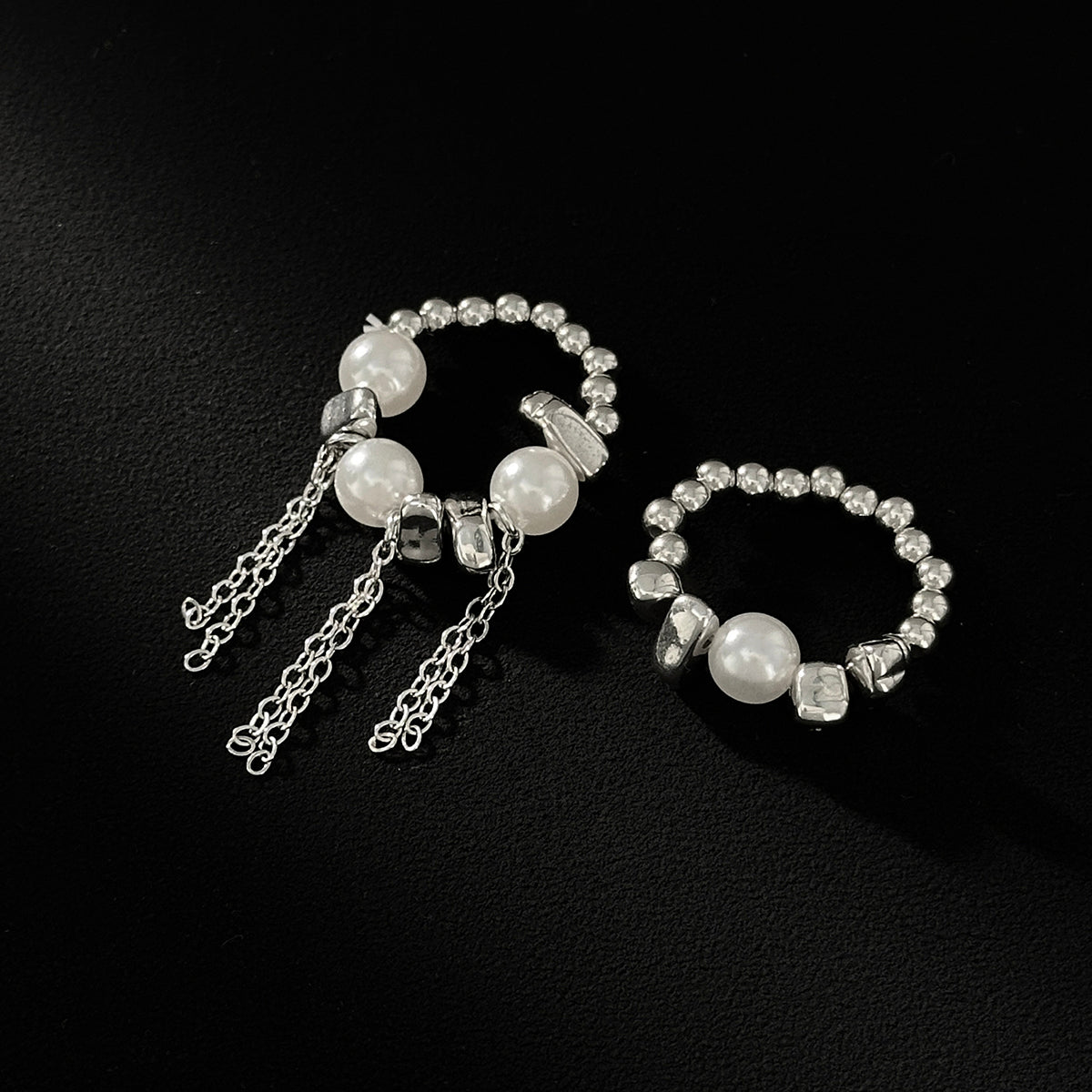 Geometric 2pcs Pearl Irregular Beaded Tassel Ring Set - ArtGalleryZen
