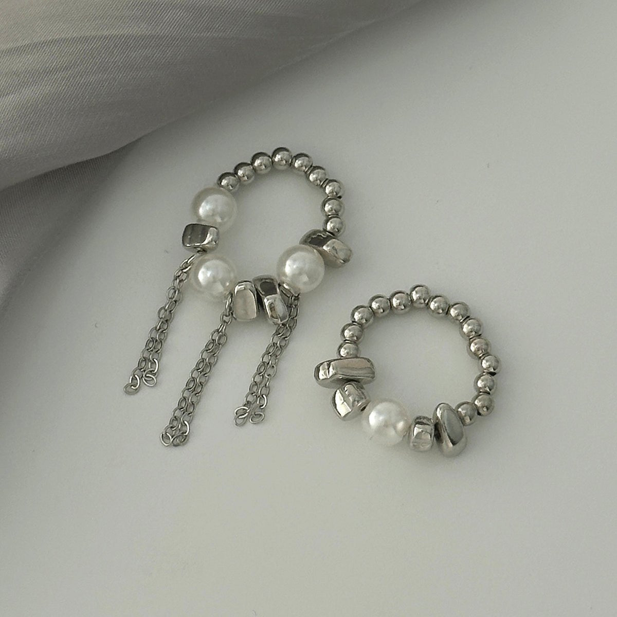 Geometric 2pcs Pearl Irregular Beaded Tassel Ring Set - ArtGalleryZen
