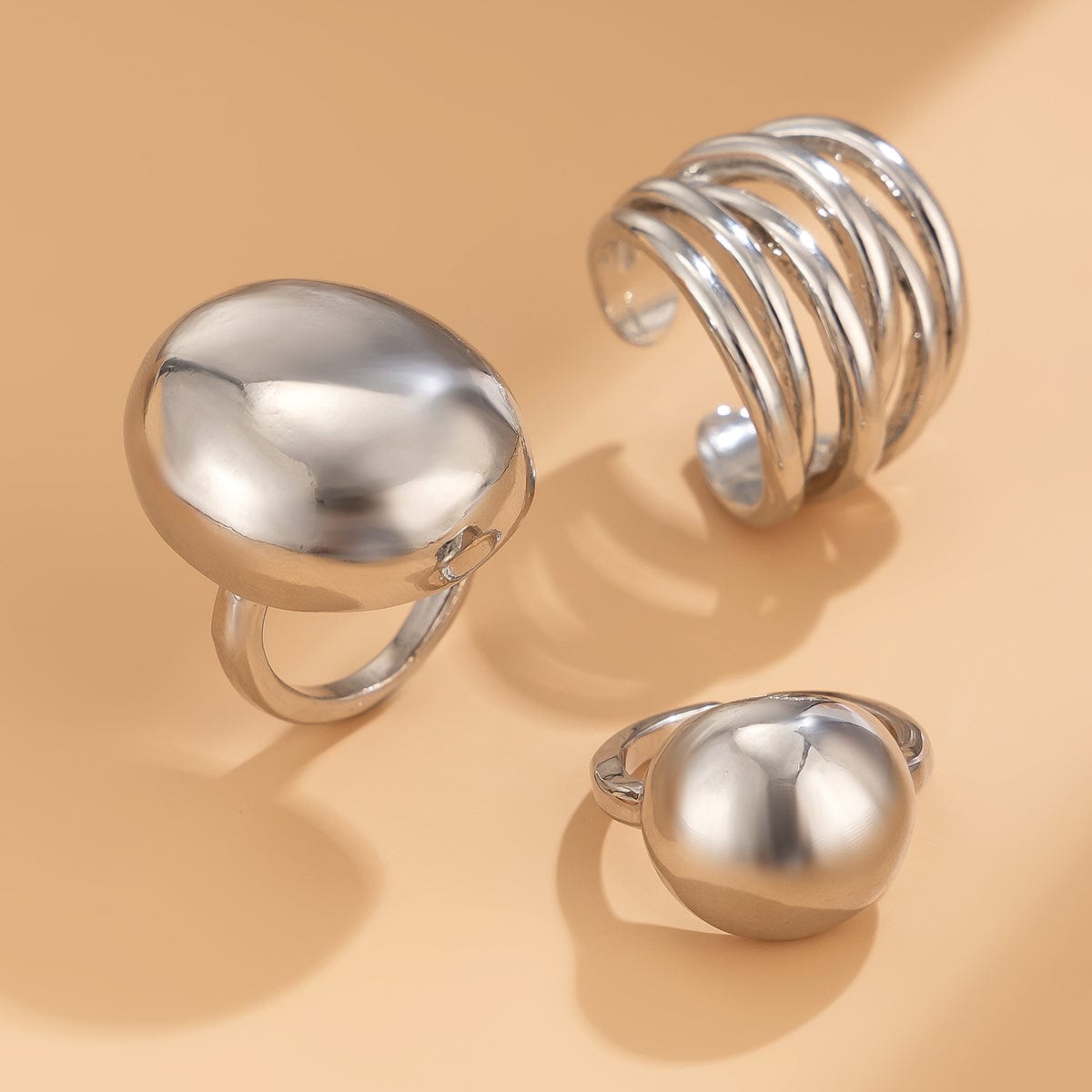 Geometric 3Pcs Chunky Glossy Hollow Ring Set - ArtGalleryZen