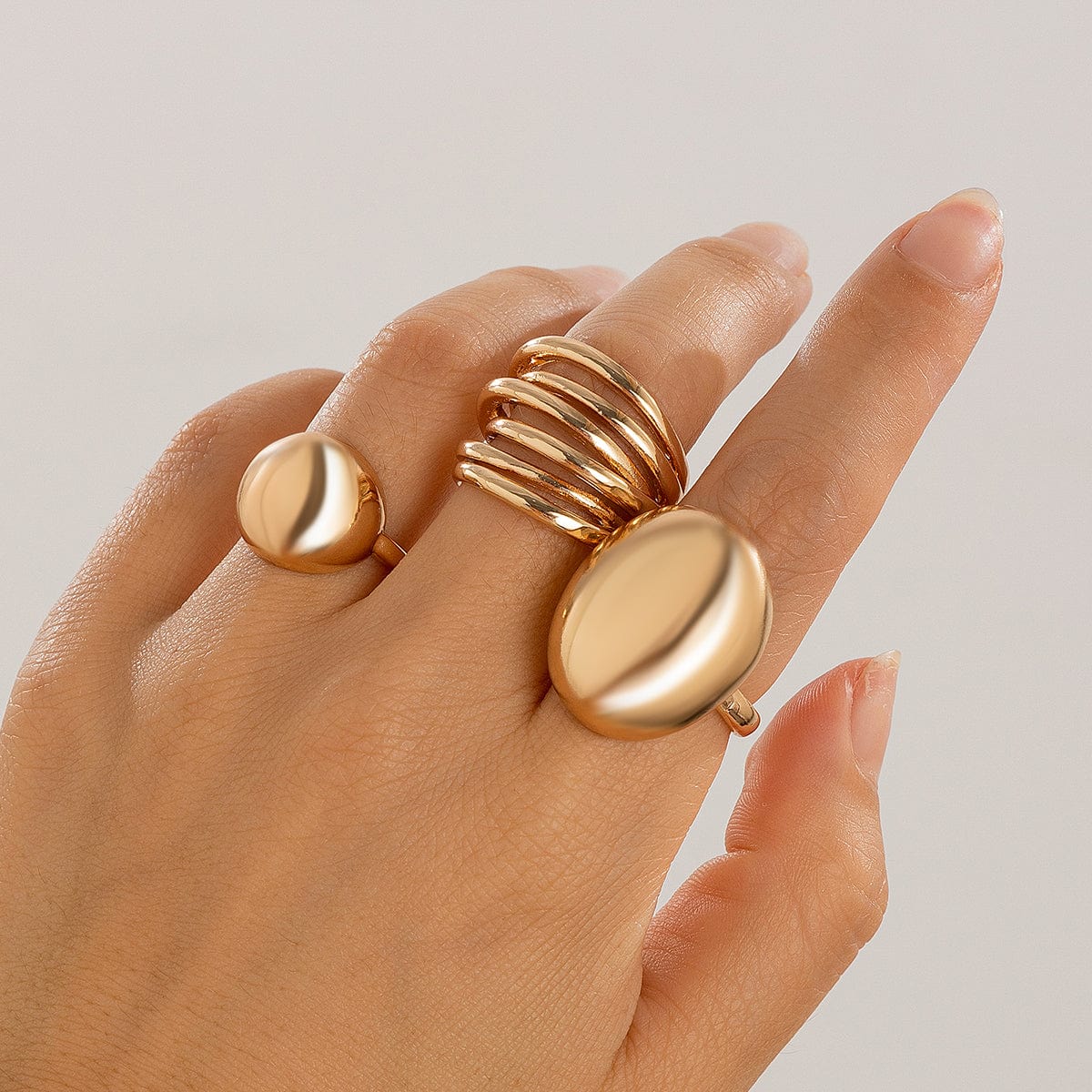 Geometric 3Pcs Chunky Glossy Hollow Ring Set - ArtGalleryZen
