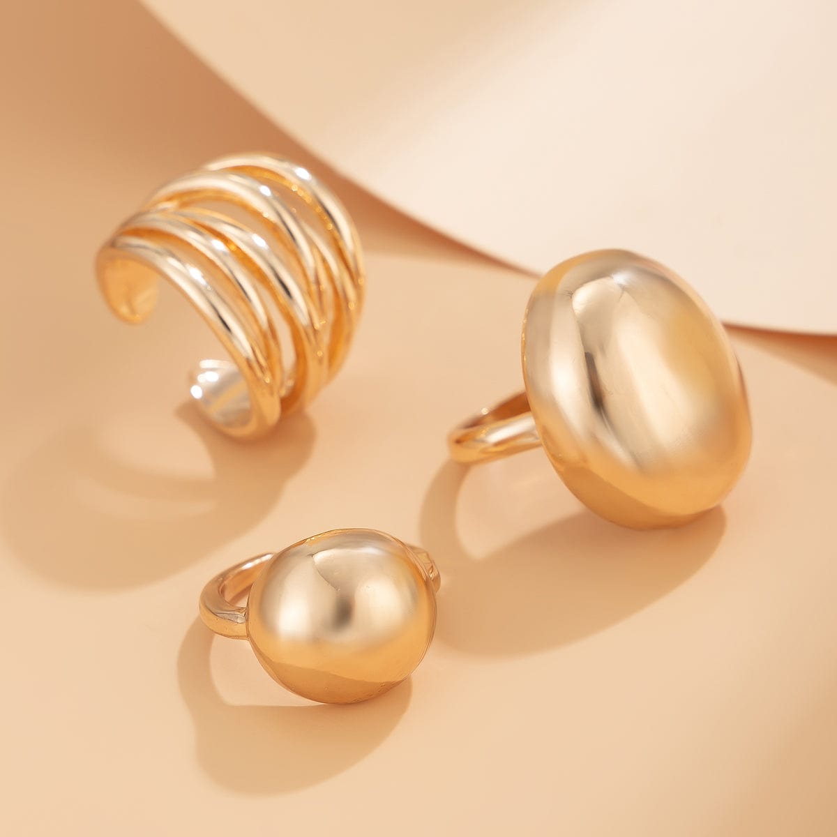 Geometric 3Pcs Chunky Glossy Hollow Ring Set - ArtGalleryZen