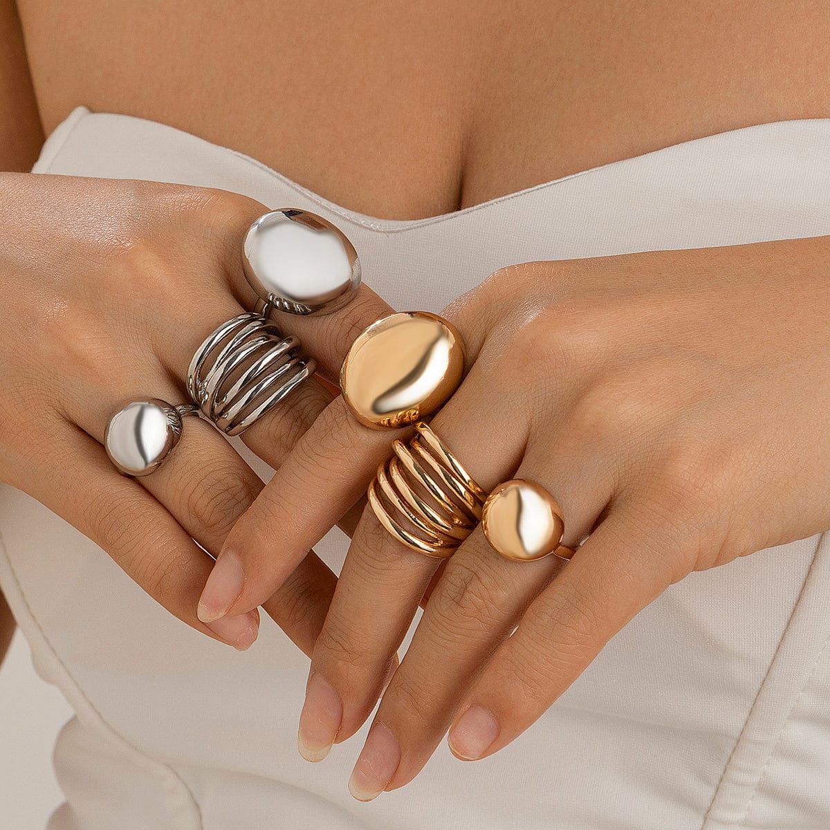 Geometric 3Pcs Chunky Glossy Hollow Ring Set - ArtGalleryZen