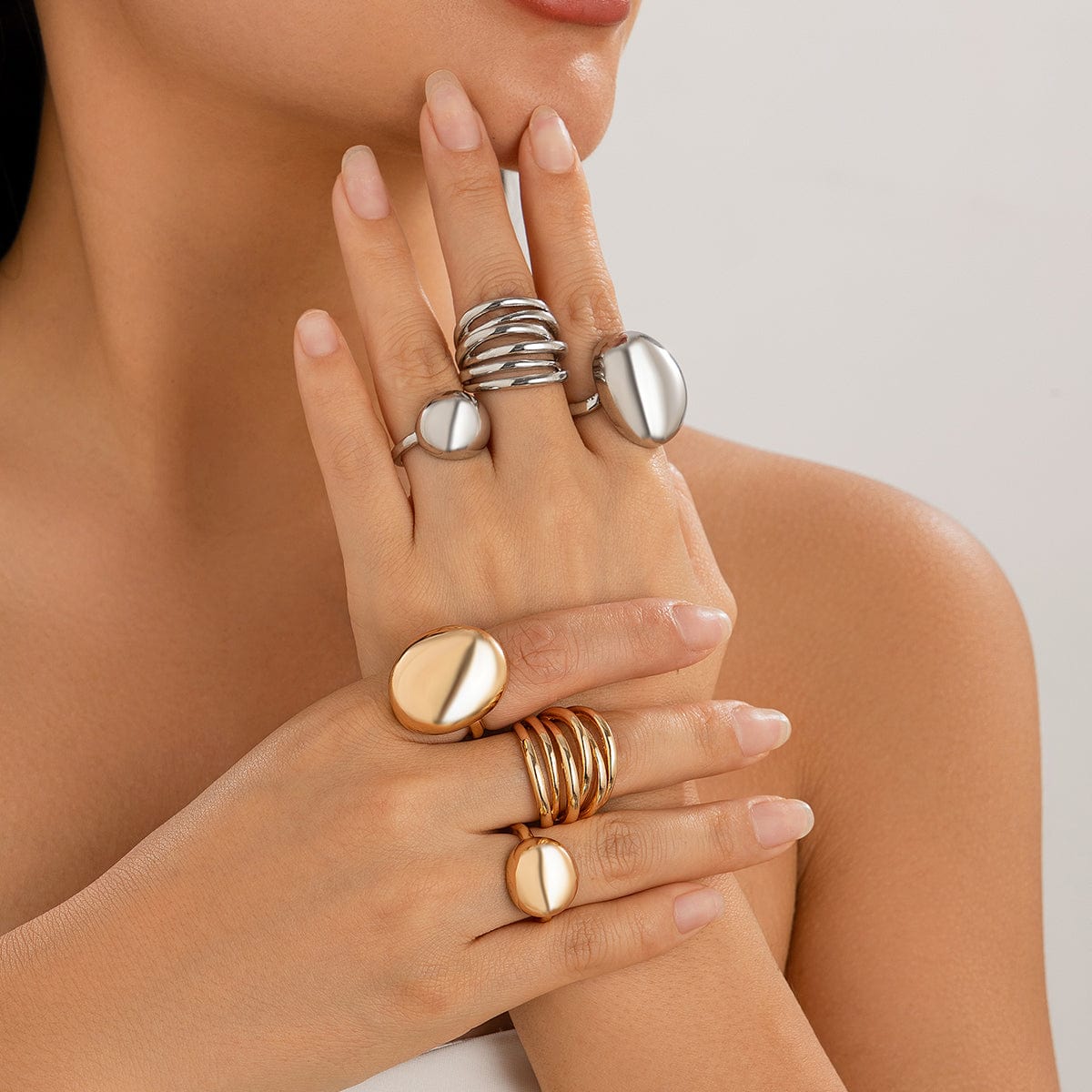 Geometric 3Pcs Chunky Glossy Hollow Ring Set