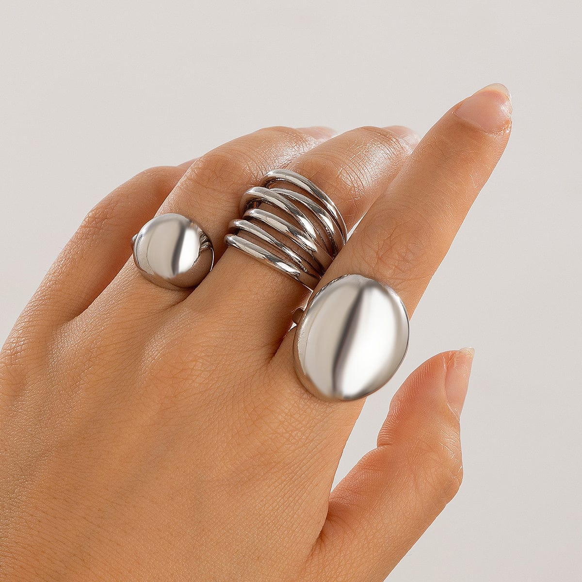 Geometric 3Pcs Chunky Glossy Hollow Ring Set