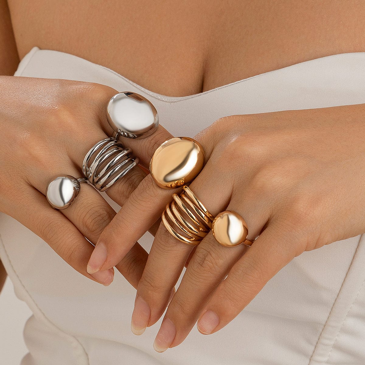 Geometric 3Pcs Chunky Glossy Hollow Ring Set