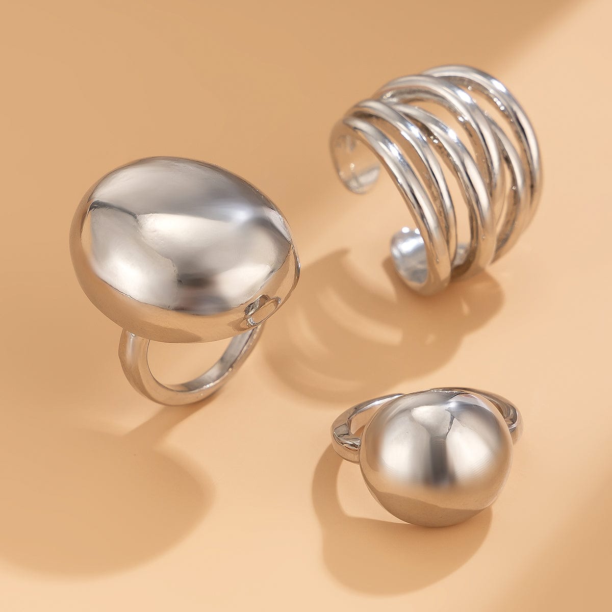 Geometric 3Pcs Chunky Glossy Hollow Ring Set