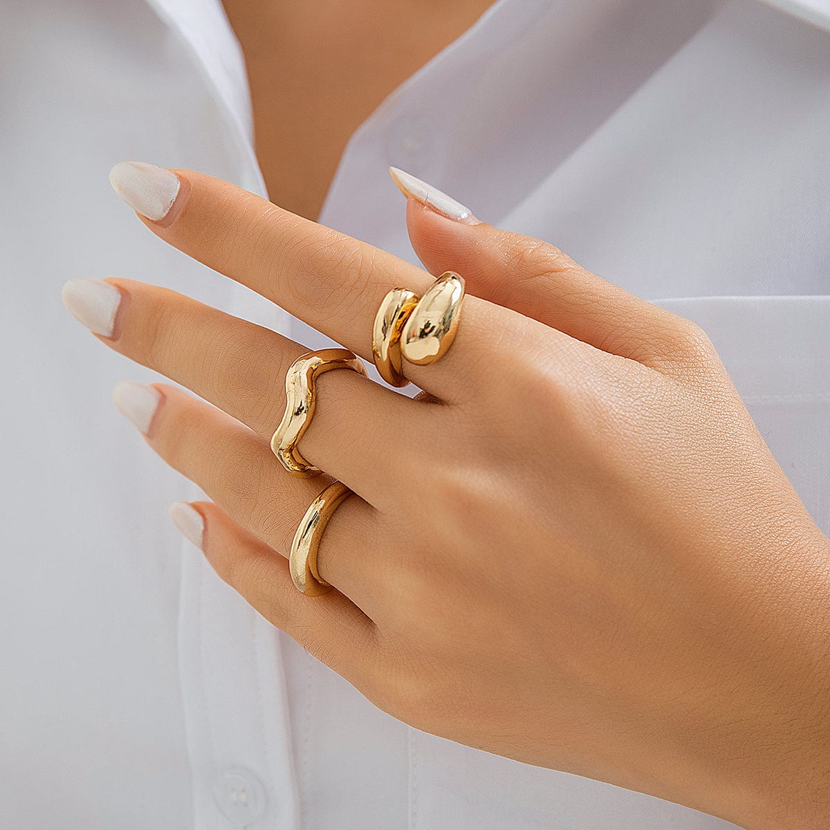 Geometric 3pcs Gold Plated Waterdrop Open Ring Set - ArtGalleryZen