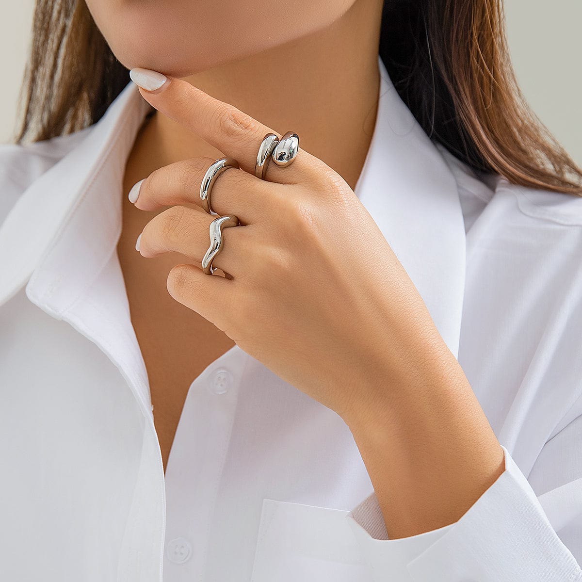 Geometric 3pcs Gold Plated Waterdrop Open Ring Set - ArtGalleryZen