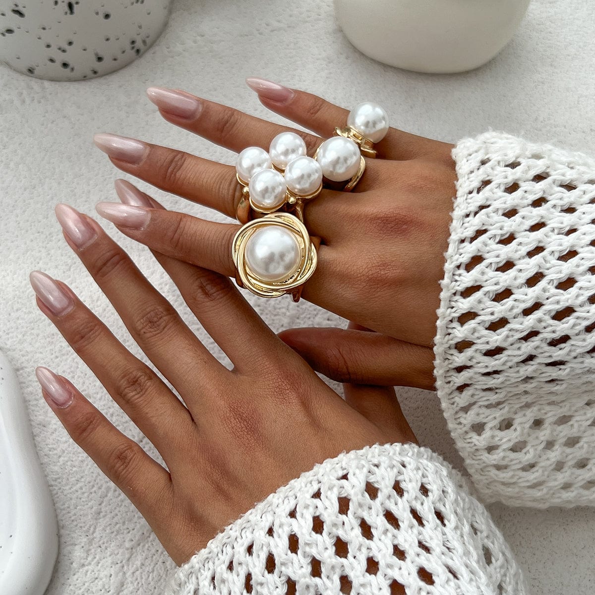 Geometric 3pcs Gold Silver Tone Pearl Inlaid Chunky Ring Set - ArtGalleryZen