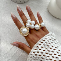 Thumbnail for Geometric 3pcs Gold Silver Tone Pearl Inlaid Chunky Ring Set - ArtGalleryZen
