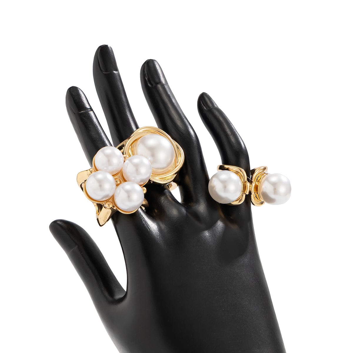 Geometric 3pcs Gold Silver Tone Pearl Inlaid Chunky Ring Set - ArtGalleryZen