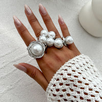 Thumbnail for Geometric 3pcs Gold Silver Tone Pearl Inlaid Chunky Ring Set - ArtGalleryZen