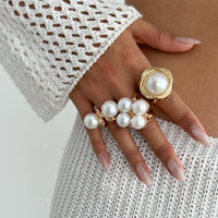 Thumbnail for Geometric 3pcs Gold Silver Tone Pearl Inlaid Chunky Ring Set - ArtGalleryZen