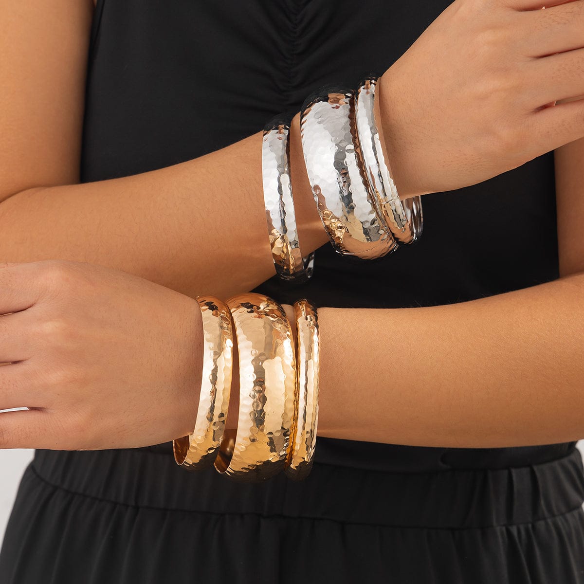 Geometric 3pcs Hammered Wide Cuff Bangle Bracelet Set