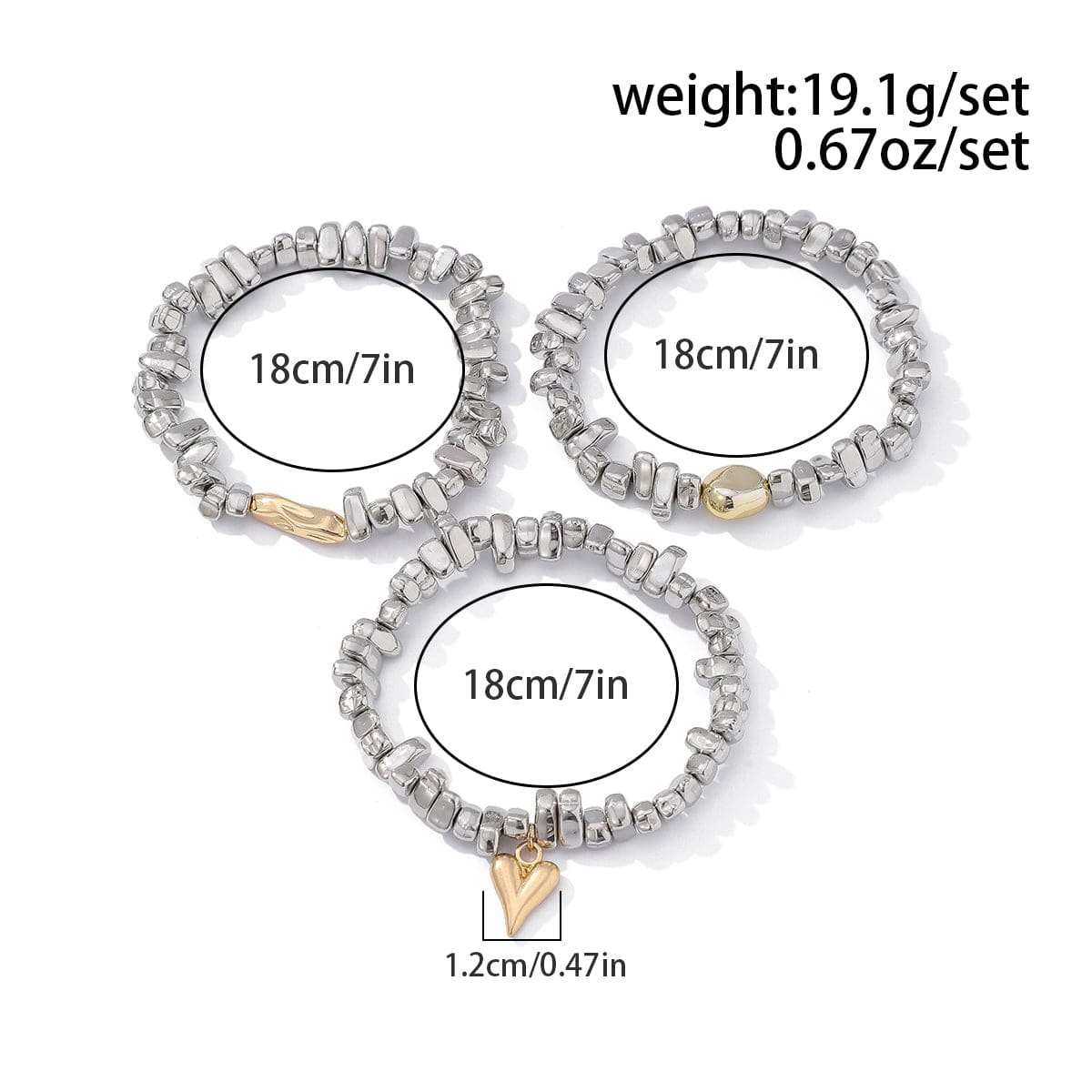 Geometric 3pcs Heart Charm Irregular Beaded Bracelet Set - ArtGalleryZen