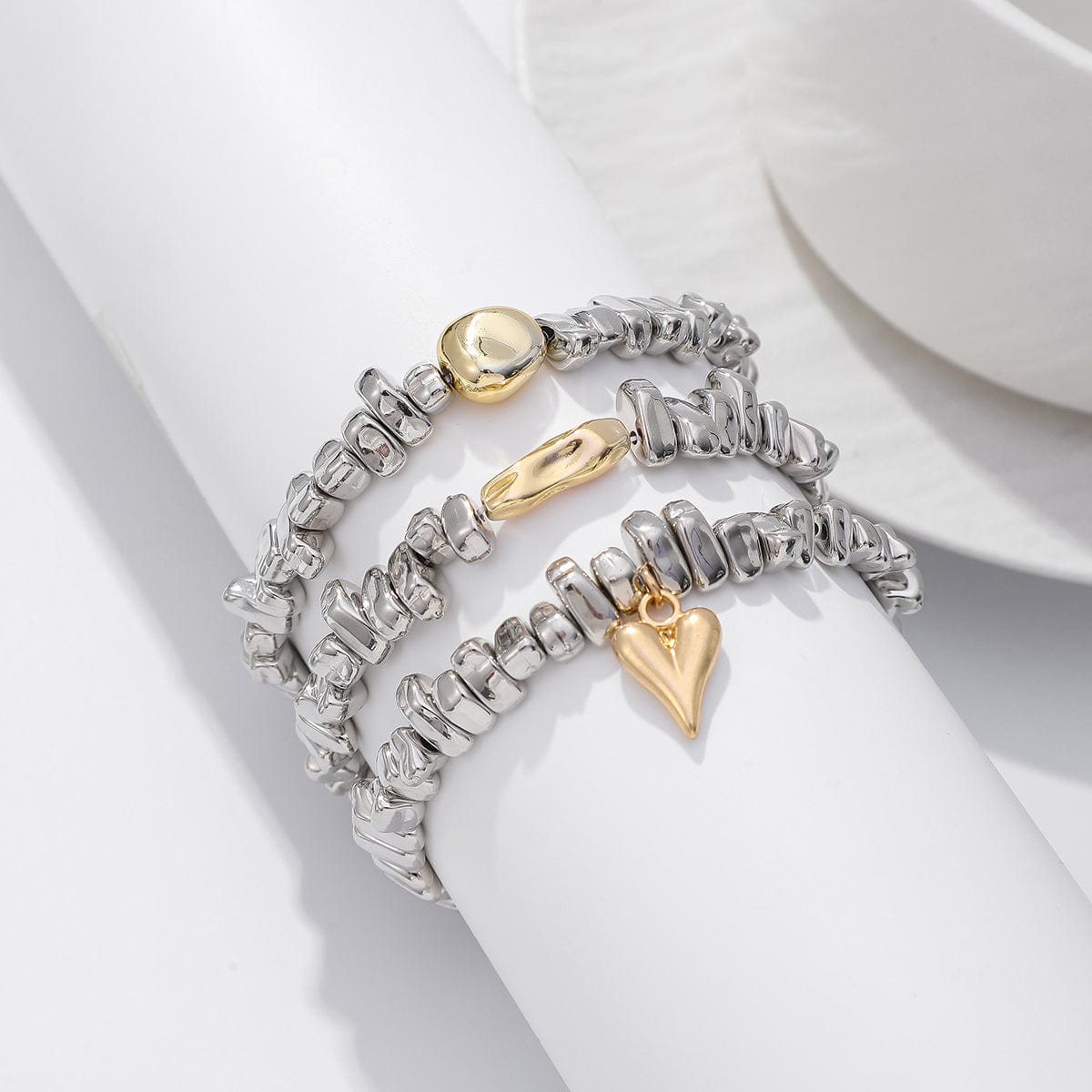 Geometric 3pcs Heart Charm Irregular Beaded Bracelet Set - ArtGalleryZen