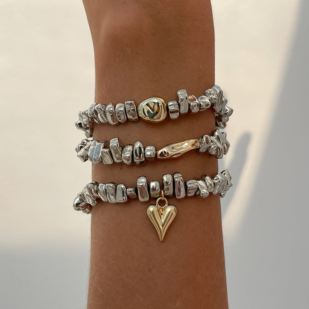 Geometric 3pcs Heart Charm Irregular Beaded Bracelet Set - ArtGalleryZen