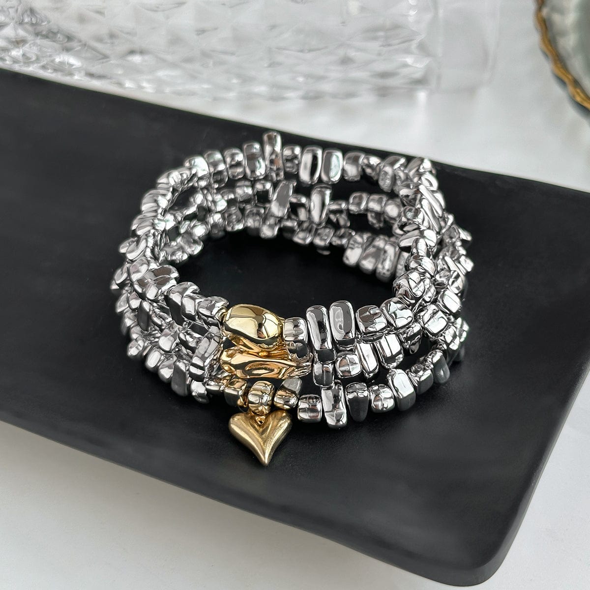 Geometric 3pcs Heart Charm Irregular Beaded Bracelet Set - ArtGalleryZen